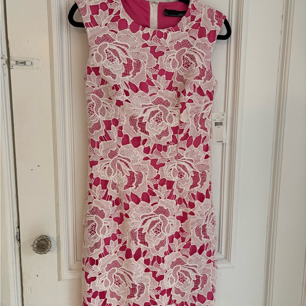 Chetta B Pink Dress With White Lace Overlay Midi Size 4 NWT